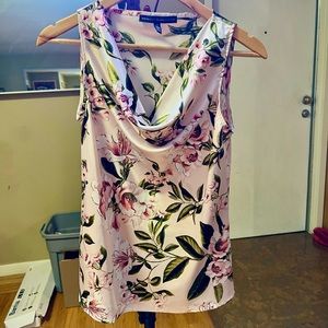 Silky pink satin floral sleeveless blouse
